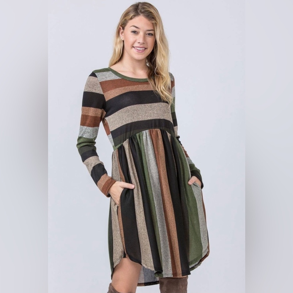 EG Fashion Olive Black Stripe Curved Hem Midi Dress